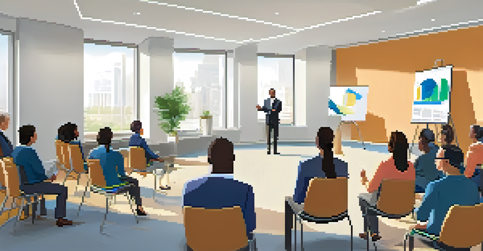 A group of diverse employees participating in a training session in a bright conference room, with a projector displaying a presentation and a facilitator leading the discussion.