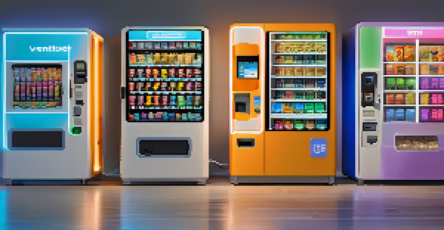 A digital vending machine displaying colorful snacks labeled as cryptocurrencies, representing smart contracts in a modern setting.