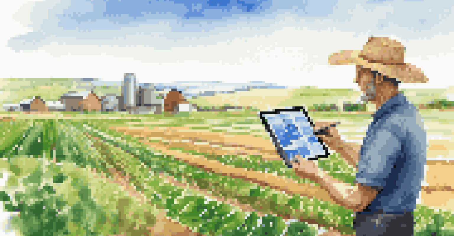 A farmer interacting with a tablet in a field, surrounded by crops and IoT sensors, depicting the use of technology in agriculture.