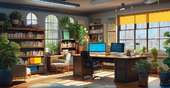 A bright and modern office workspace with dual monitors, sticky notes, and a potted plant, illuminated by natural light.