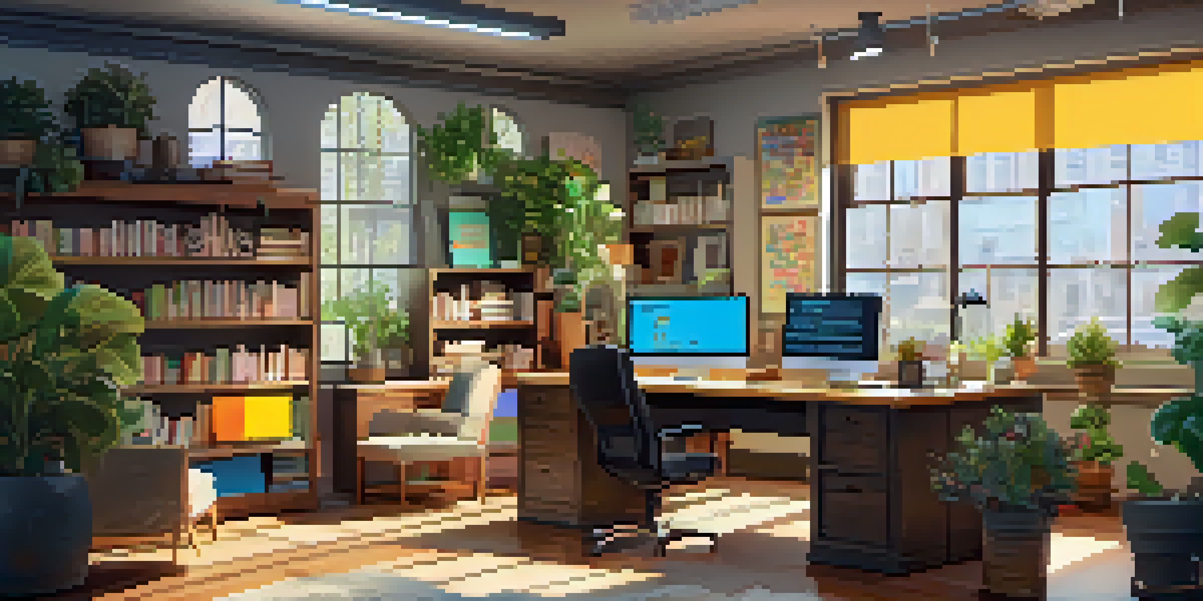 A bright and modern office workspace with dual monitors, sticky notes, and a potted plant, illuminated by natural light.