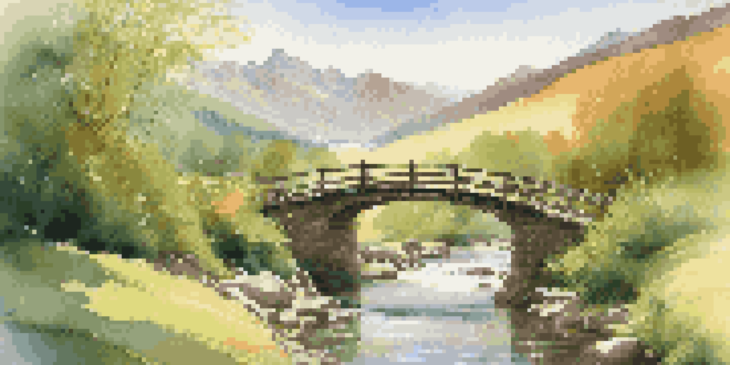 A peaceful valley with a river and mountains, illuminated by sunlight.