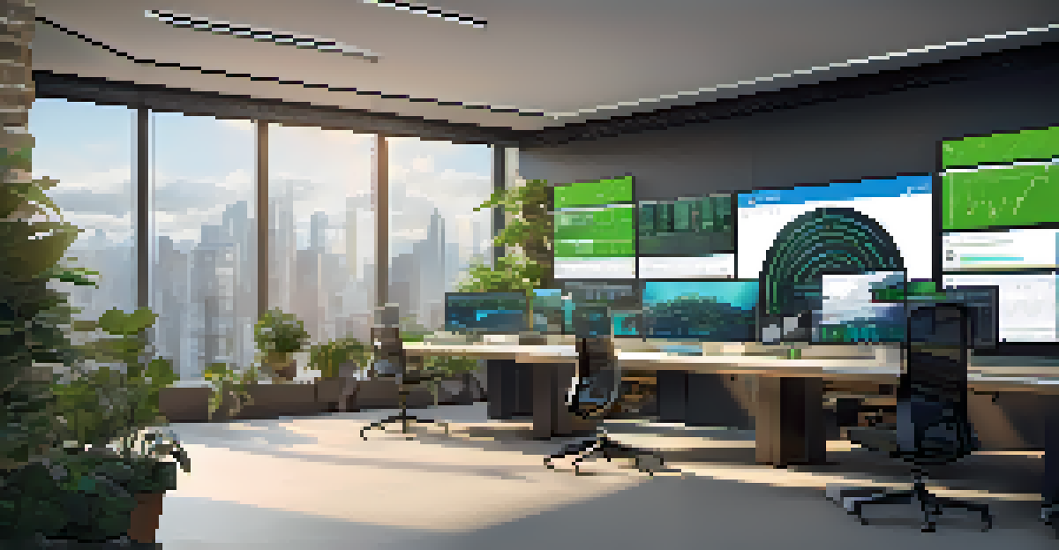 A modern digital workspace with a developer's desk featuring multiple screens and plants, illuminated by natural light.
