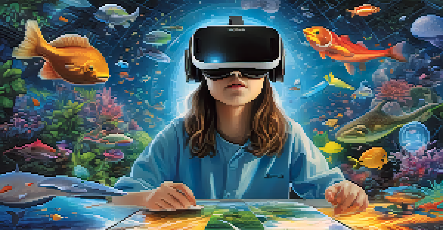 A student using a virtual reality headset in an interactive educational setting filled with colorful digital graphics and soft blue light.