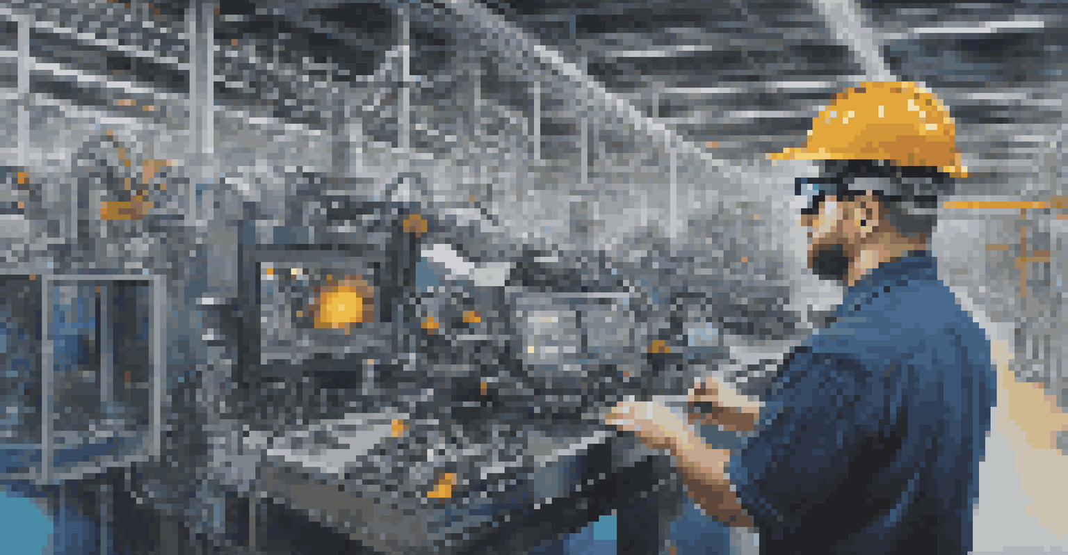 A technician wearing augmented reality glasses inspecting machinery with data overlays in a factory.
