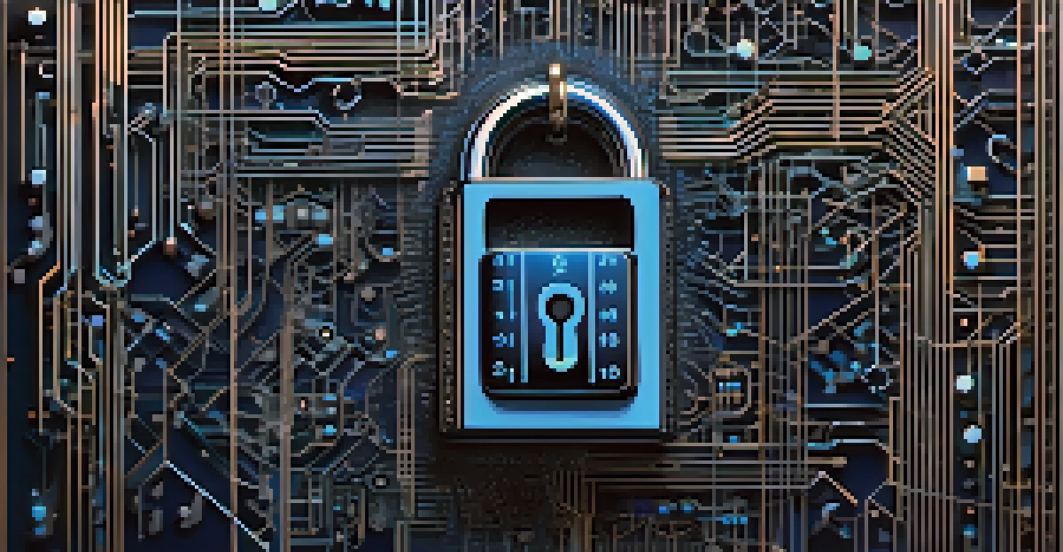 An abstract digital lock surrounded by data streams and binary code representing advanced encryption.
