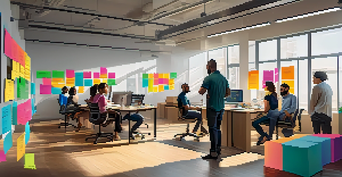 A diverse group of professionals in a modern office setting, collaborating around a digital Kanban board filled with colorful notes.