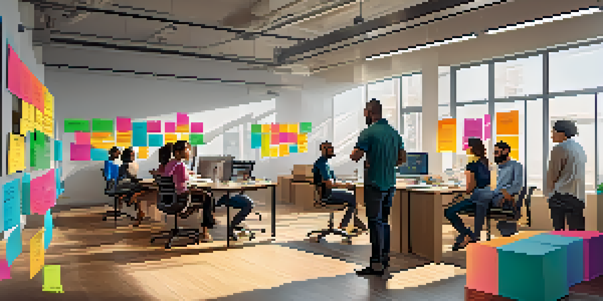 A diverse group of professionals in a modern office setting, collaborating around a digital Kanban board filled with colorful notes.