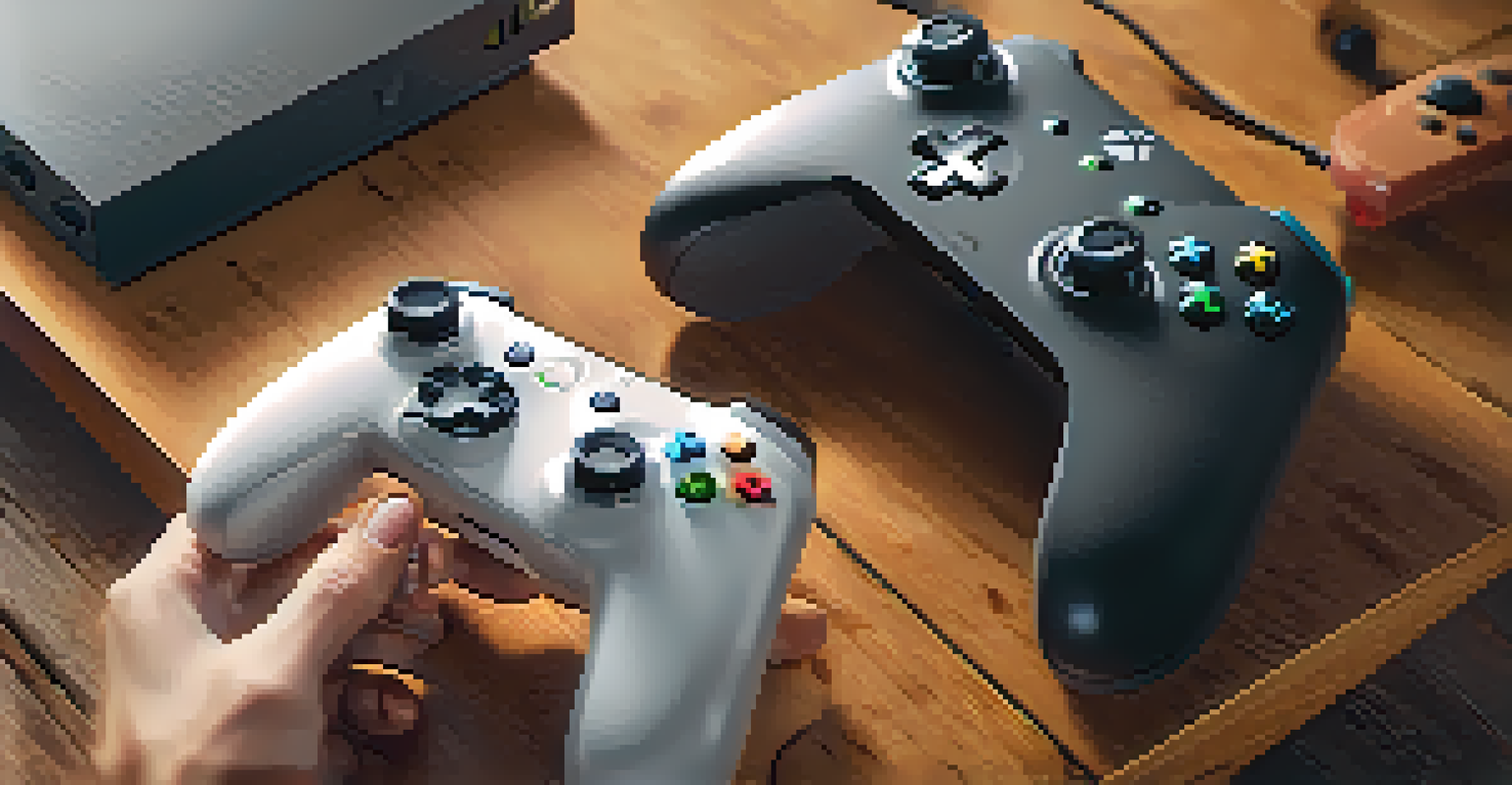 Close-up of hands holding different gaming controllers on a wooden table.