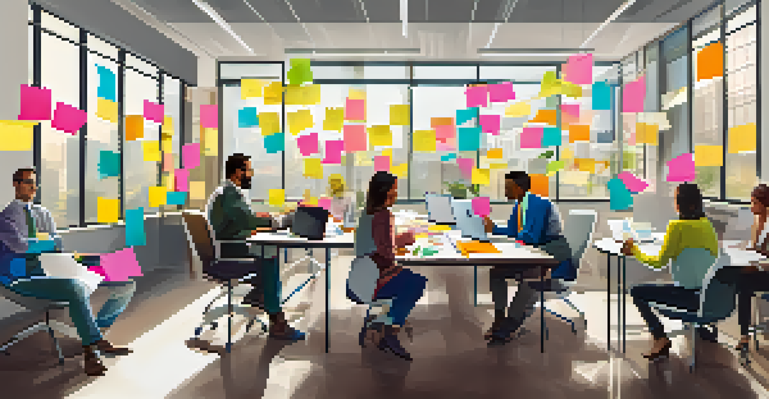 A diverse team brainstorming in an office with sticky notes on a glass wall.