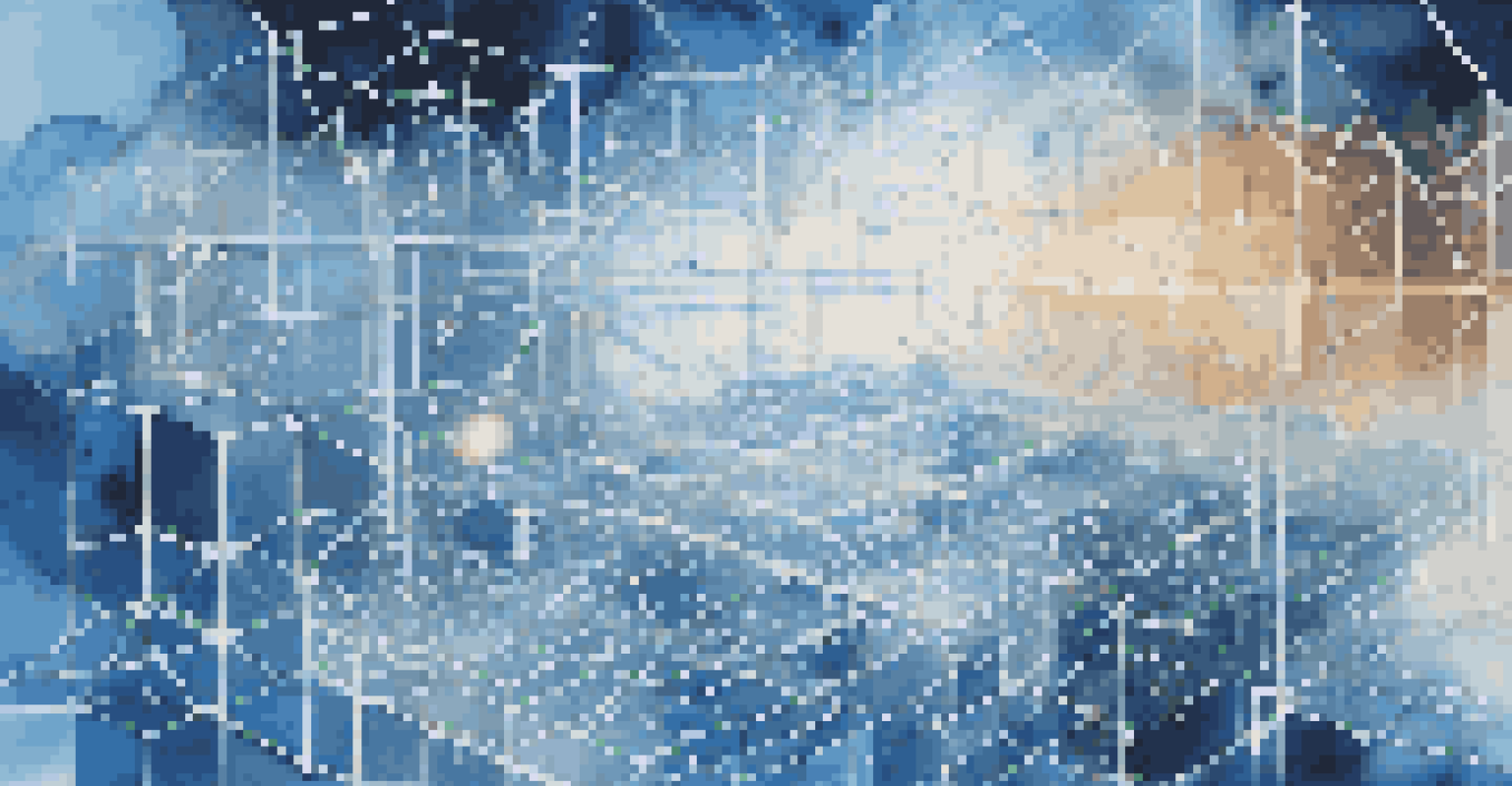 An abstract image of blockchain technology with glowing blocks and chains against a digital landscape, symbolizing security in data management.