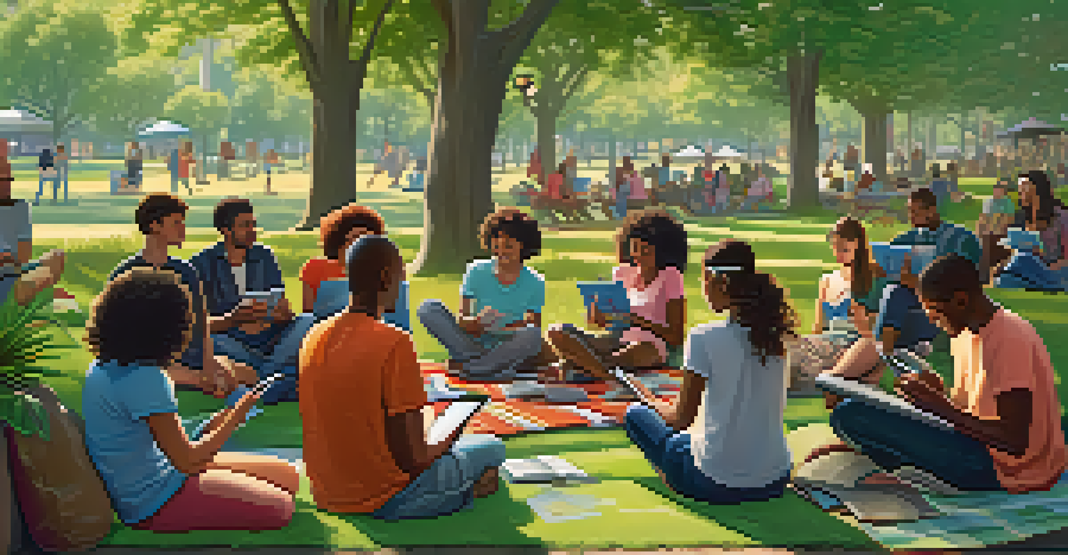 A community gathering in a park where people are joyfully sharing music and books.