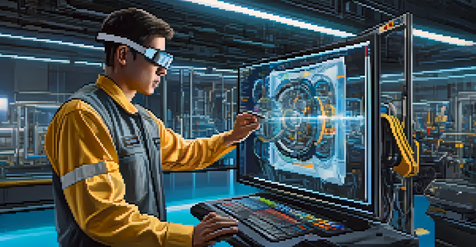 A technician using augmented reality glasses to visualize a digital twin of a machine in an industrial setting.
