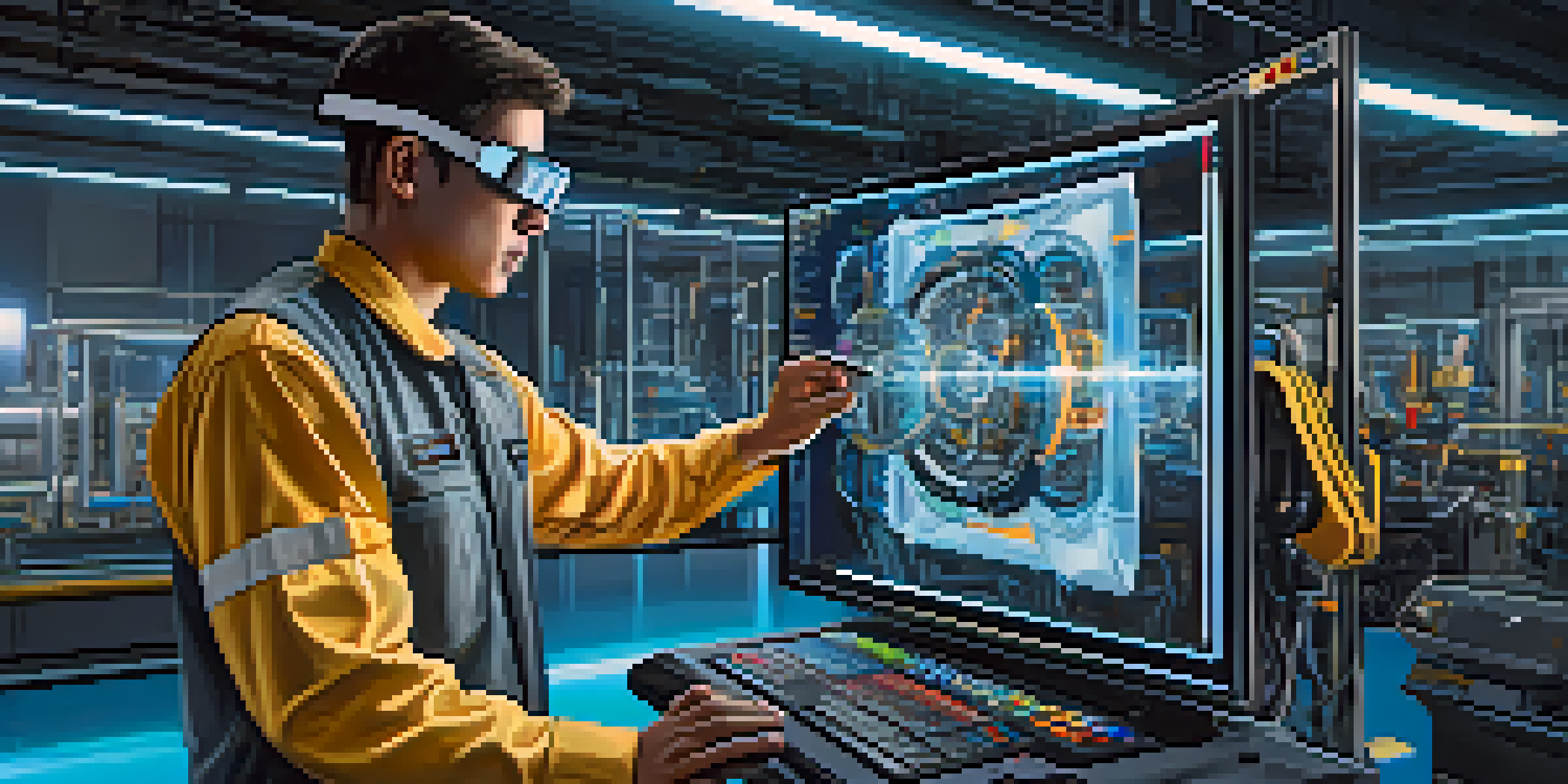 A technician using augmented reality glasses to visualize a digital twin of a machine in an industrial setting.