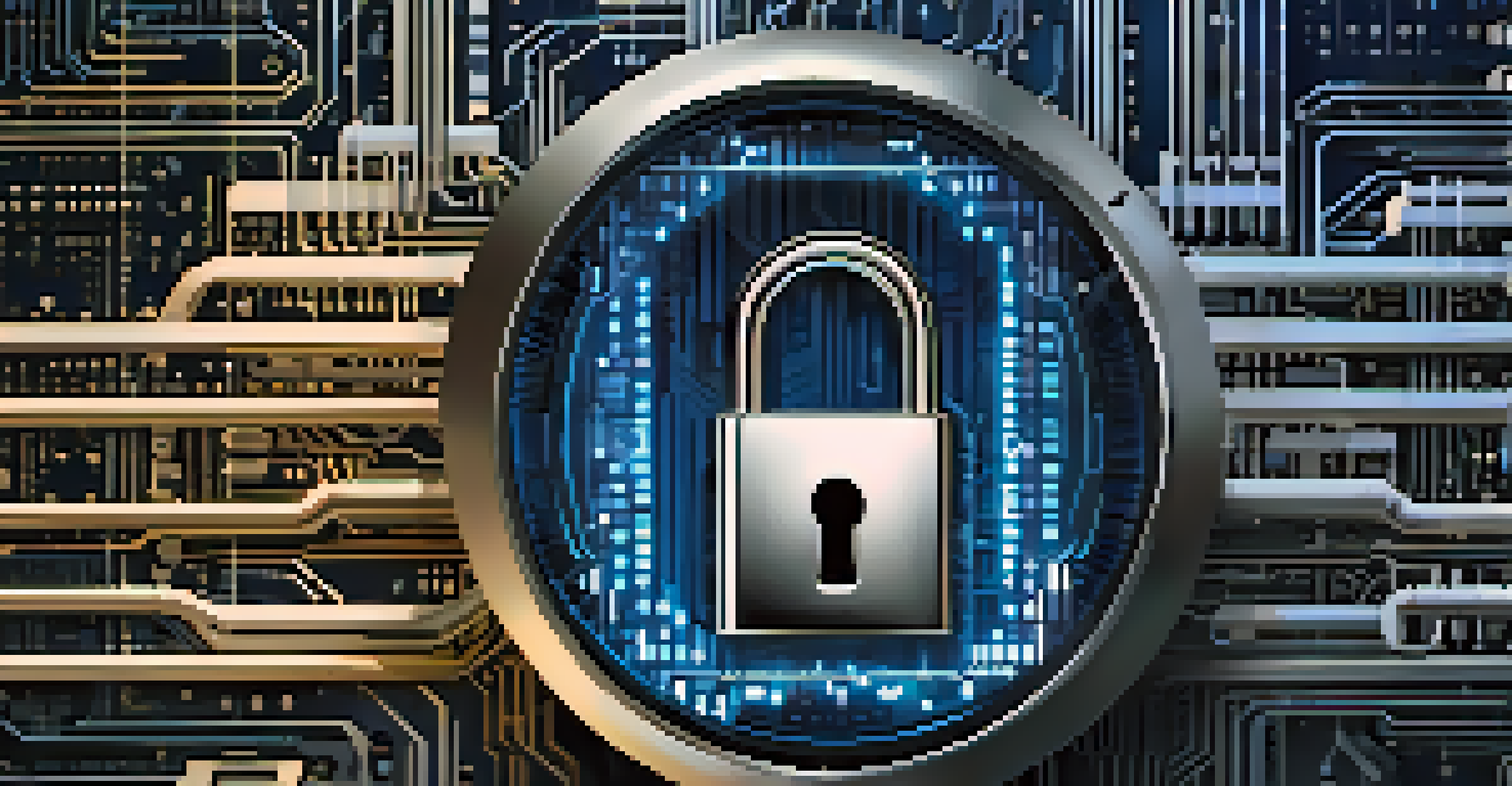 A close-up of a digital lock symbolizing data security, set against a backdrop of binary code and circuit patterns.