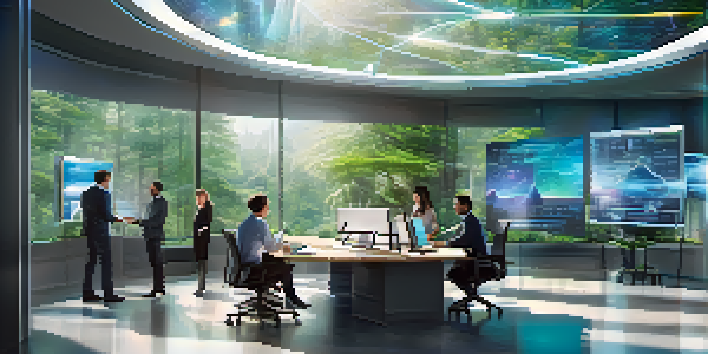 A diverse team of professionals in a futuristic office collaborating with holographic displays of financial data.