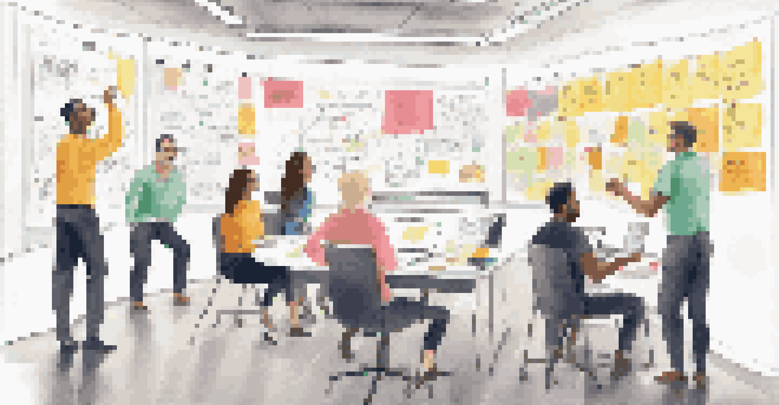 A diverse team in a brainstorming session around a whiteboard filled with notes, illustrating teamwork and learning.