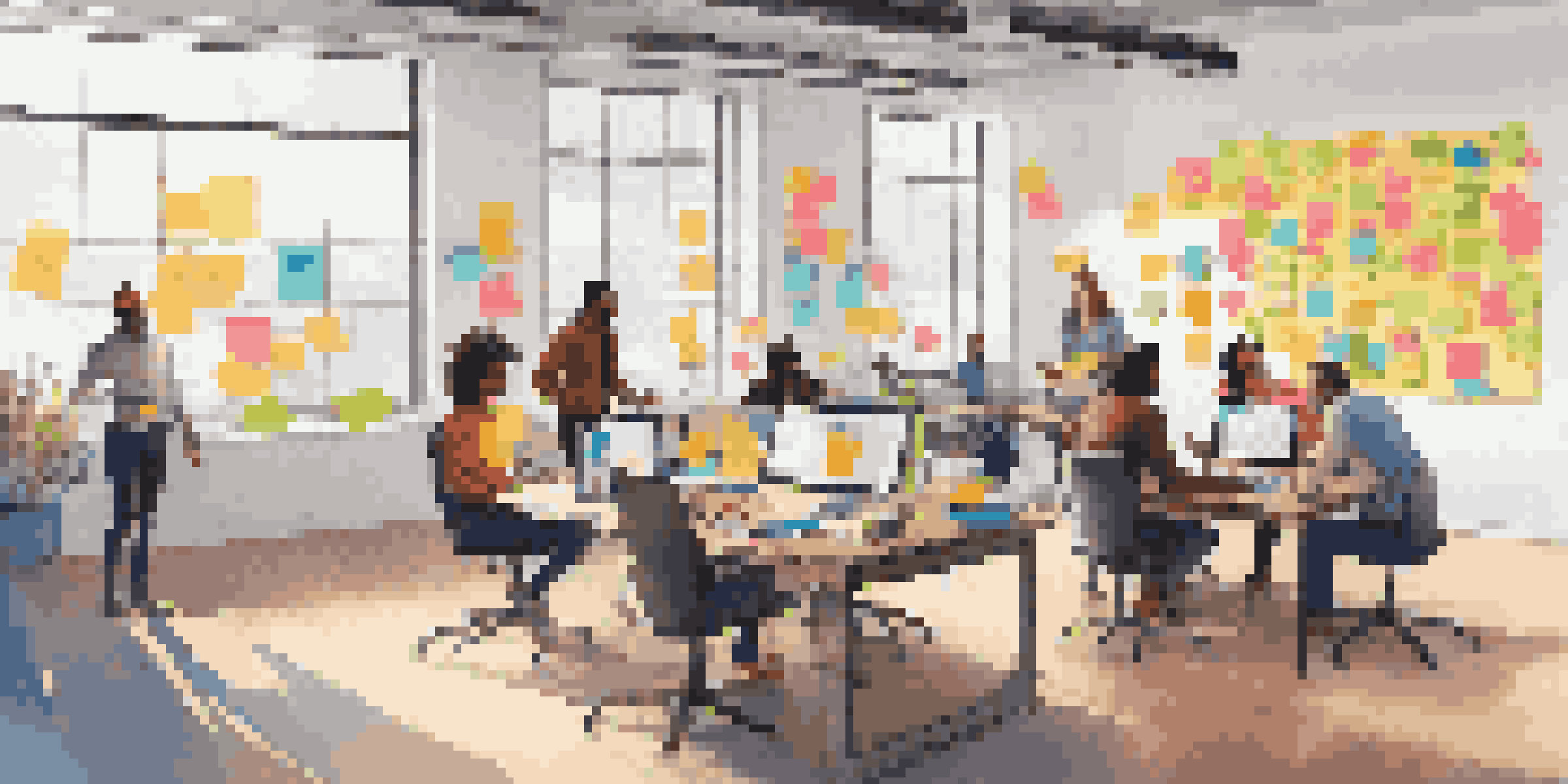 A diverse group of people in a bright workspace having a brainstorming session with colorful post-it notes and laptops.
