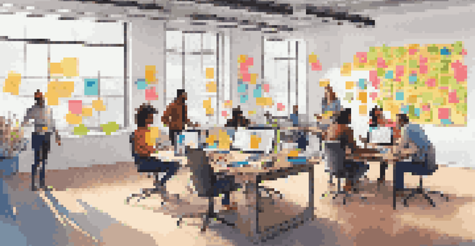 A diverse group of people in a bright workspace having a brainstorming session with colorful post-it notes and laptops.