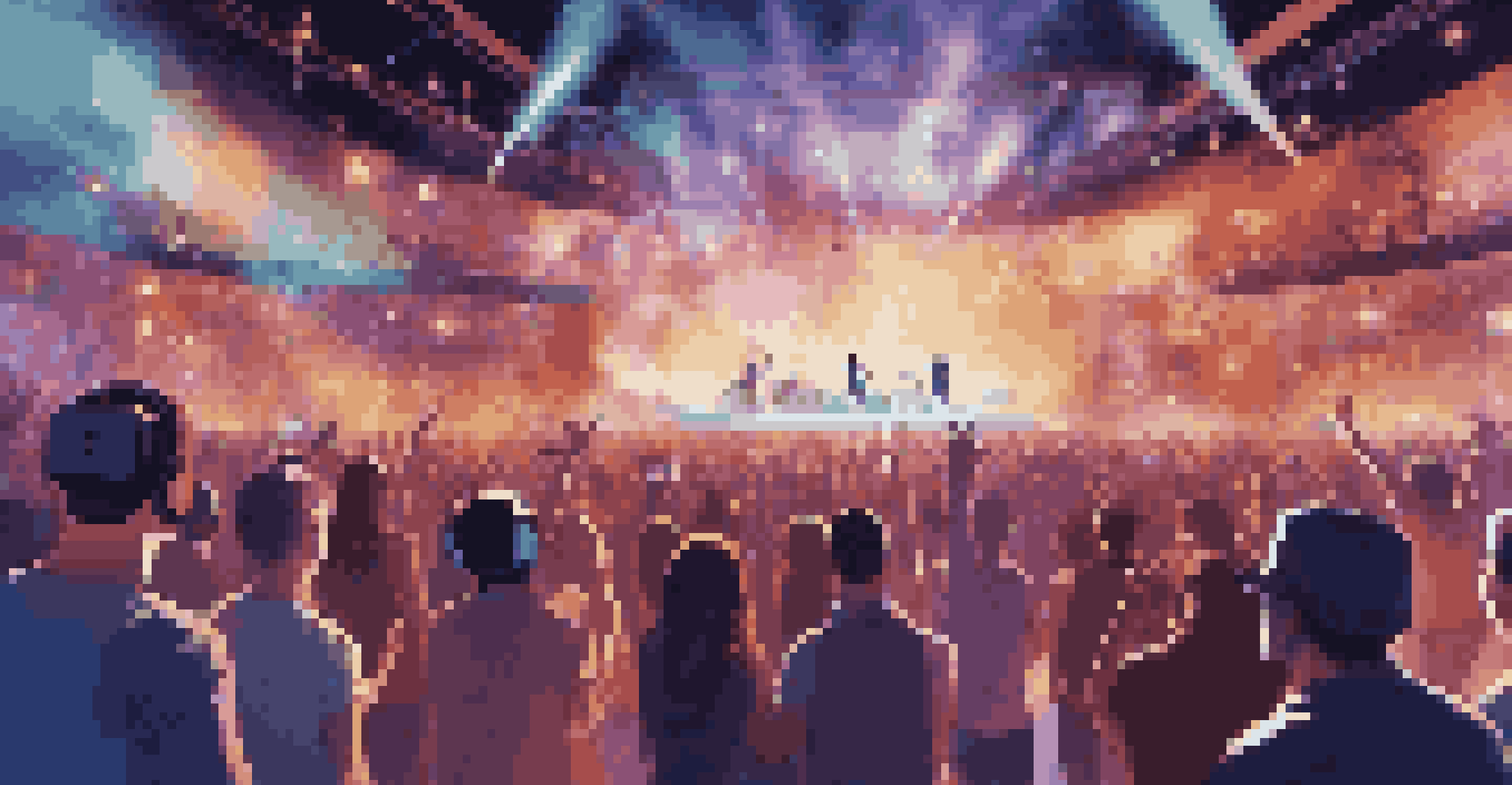 A virtual reality concert with avatars dancing in a vibrant atmosphere filled with lights and a starry sky.