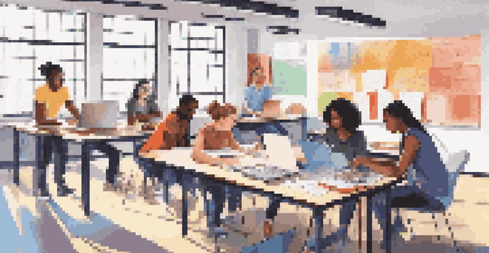 A diverse group of students working together in a modern classroom, using laptops and discussing projects.