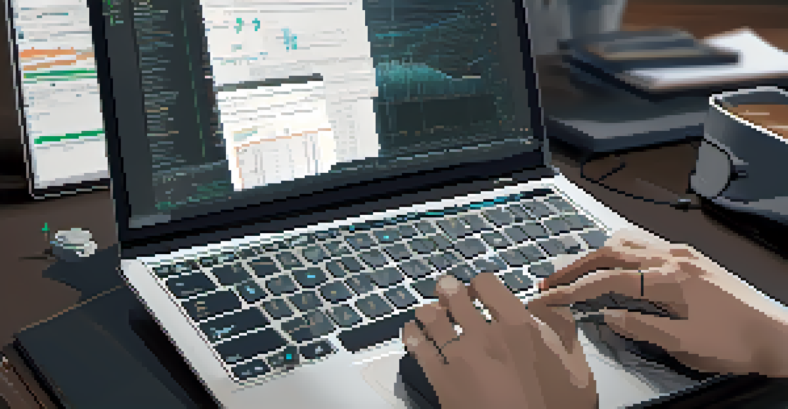 Close-up of hands typing on a laptop with code and diagrams on the screen.