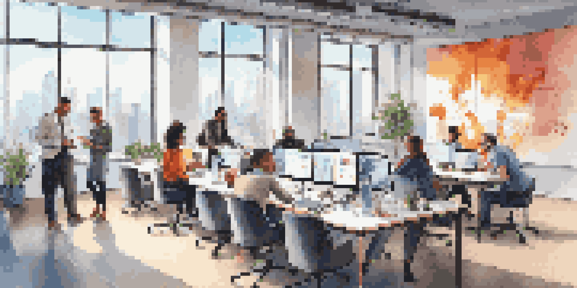 A diverse team working together in a bright modern office, collaborating on branding materials.