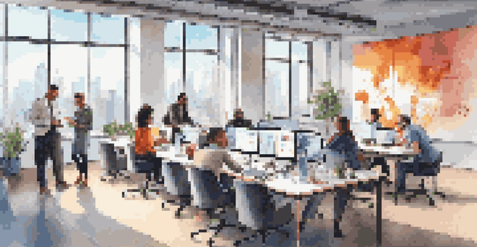 A diverse team working together in a bright modern office, collaborating on branding materials.