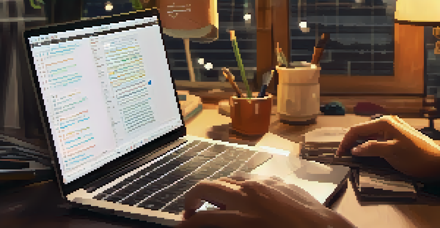 Close-up of hands typing on a laptop in a cozy workspace with a code editor visible on the screen.