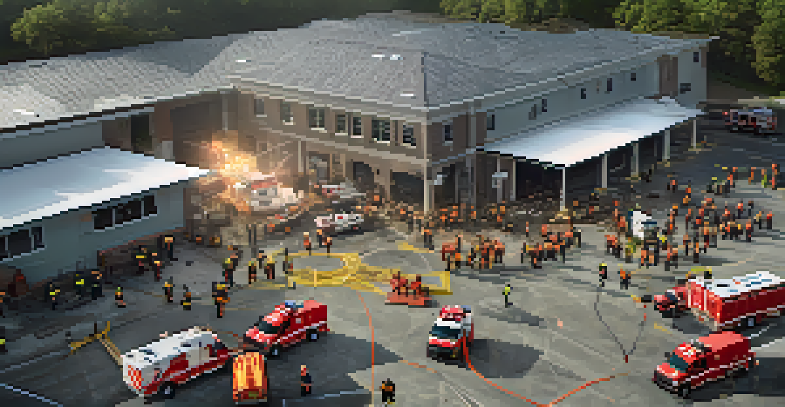 An aerial view of a rescue operation with drones and emergency responders at a disaster site.