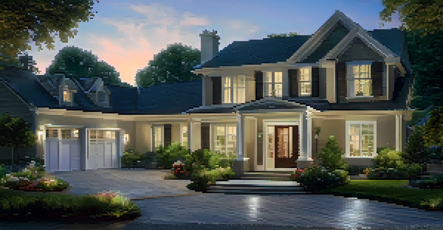 An outdoor view of a home with smart security devices and illuminated pathway lights at twilight.