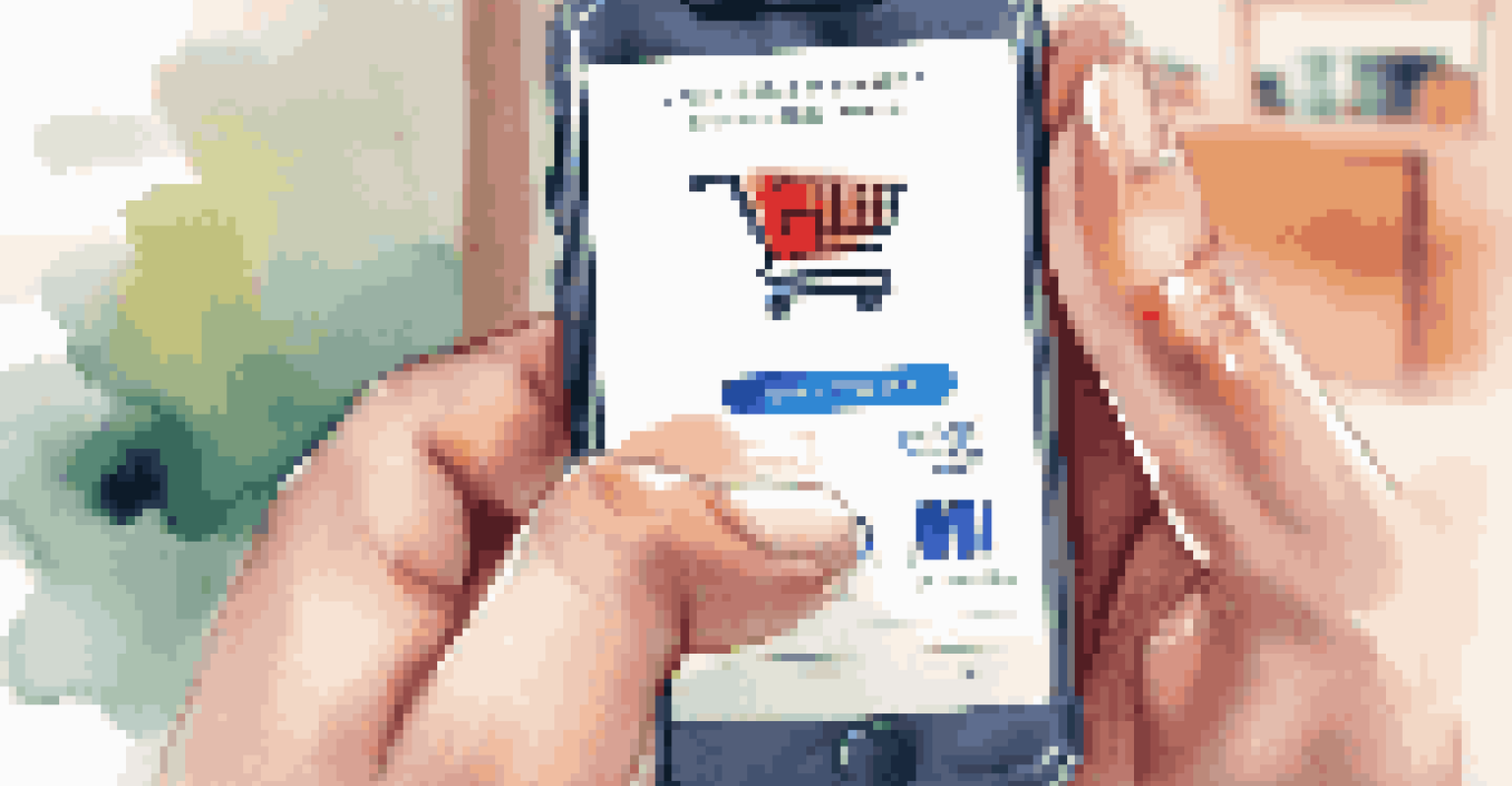 A close-up view of a hand holding a smartphone with an e-commerce app open, showing a simple checkout process.