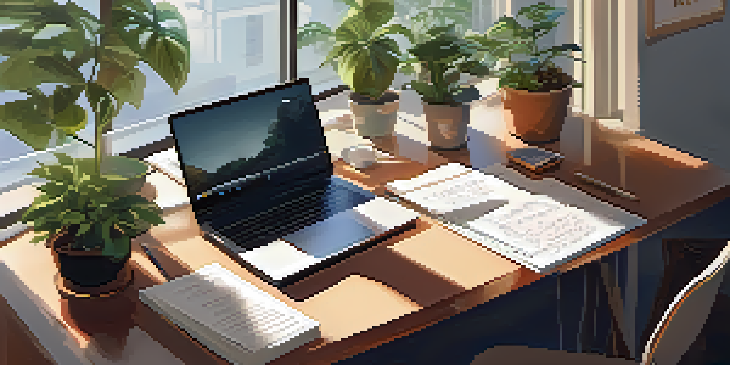 A modern workspace with a laptop, indoor plants, and a cup of coffee on a desk, illuminated by natural light from a large window.