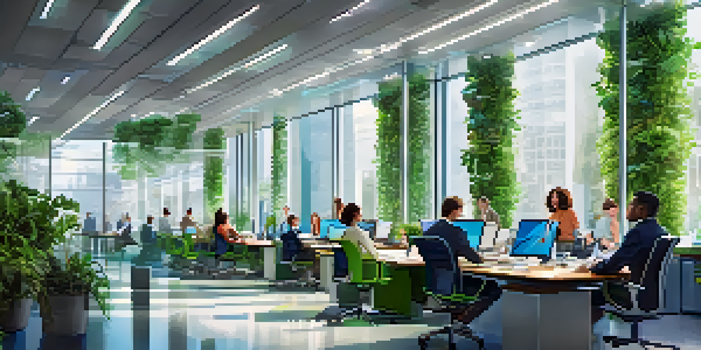 A modern office with diverse employees collaborating, natural light, and greenery.