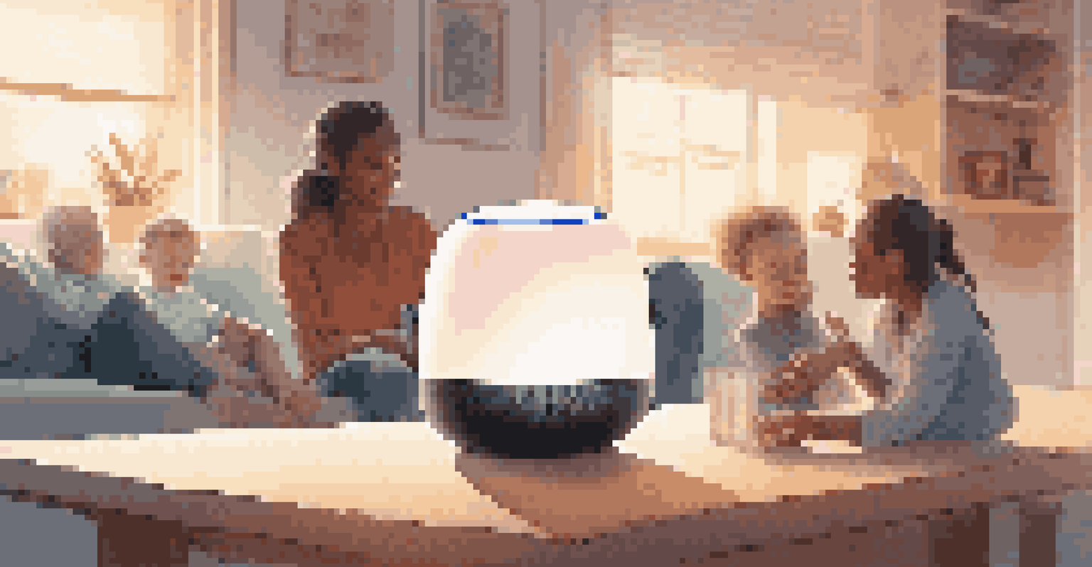 A futuristic smart speaker on a table with a family interacting with it in a cozy living room.
