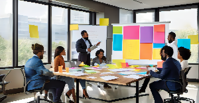 A diverse team of professionals collaborating in a bright conference room, surrounded by sticky notes and a whiteboard.
