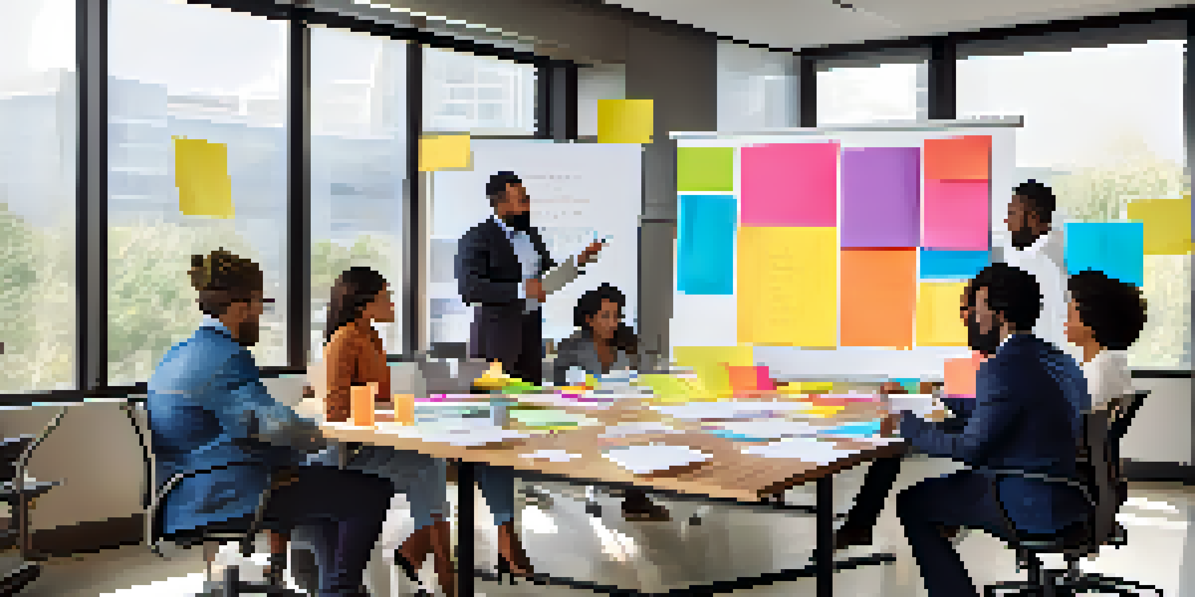A diverse team of professionals collaborating in a bright conference room, surrounded by sticky notes and a whiteboard.