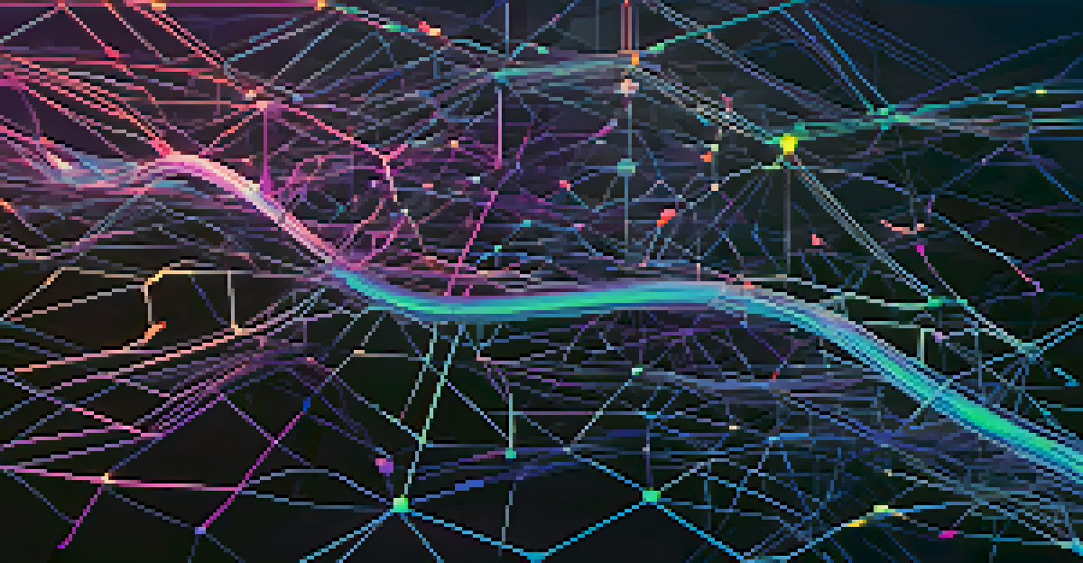 An abstract image representing AI and data analysis with interconnected data streams and glowing lines.