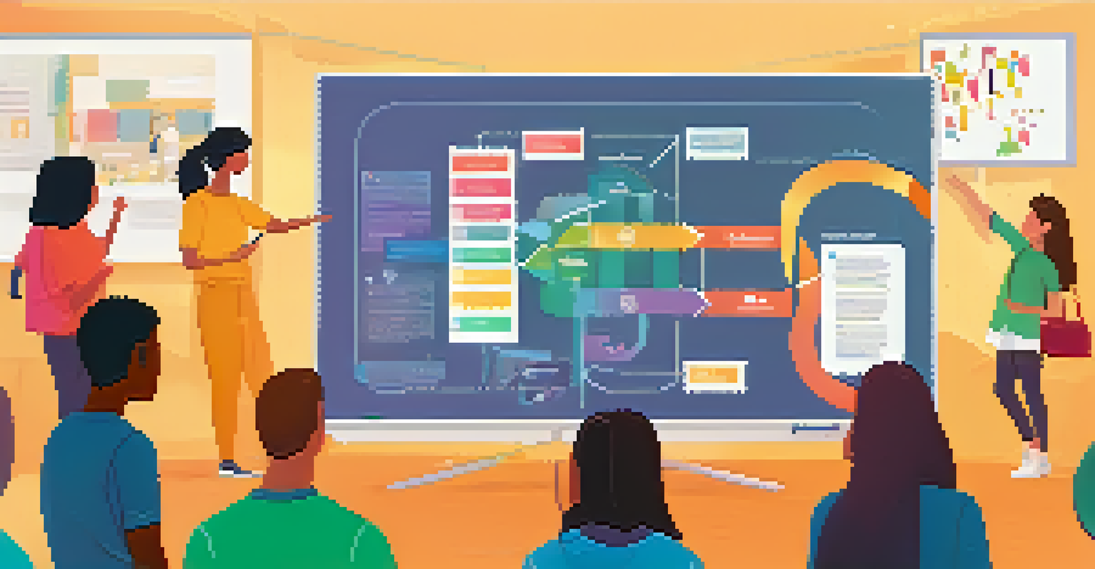 A digital feedback loop diagram displayed on a screen with students discussing it in a modern classroom.