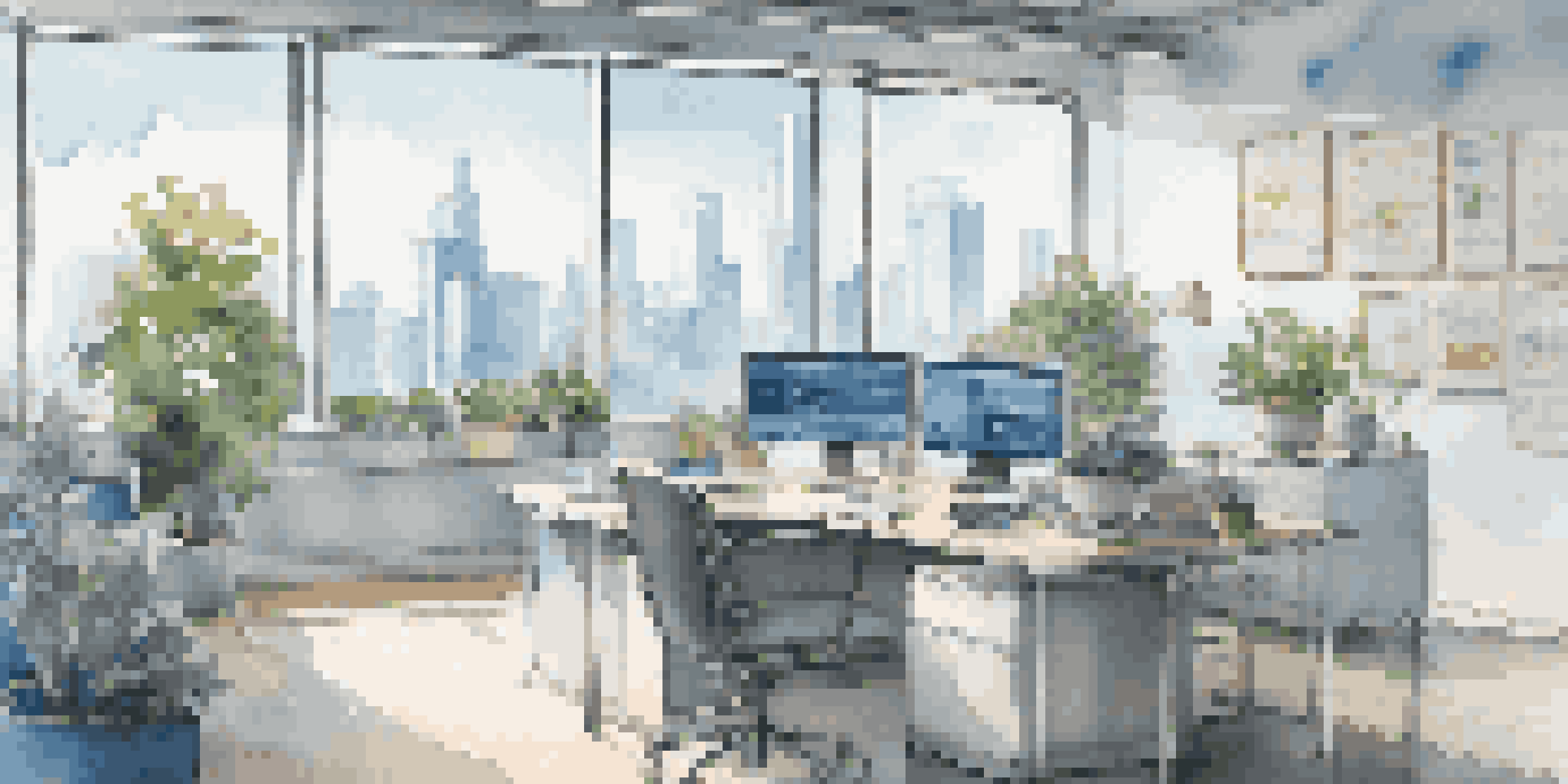 A bright modern office with a desk, computer showing charts, and a view of the city through the window.