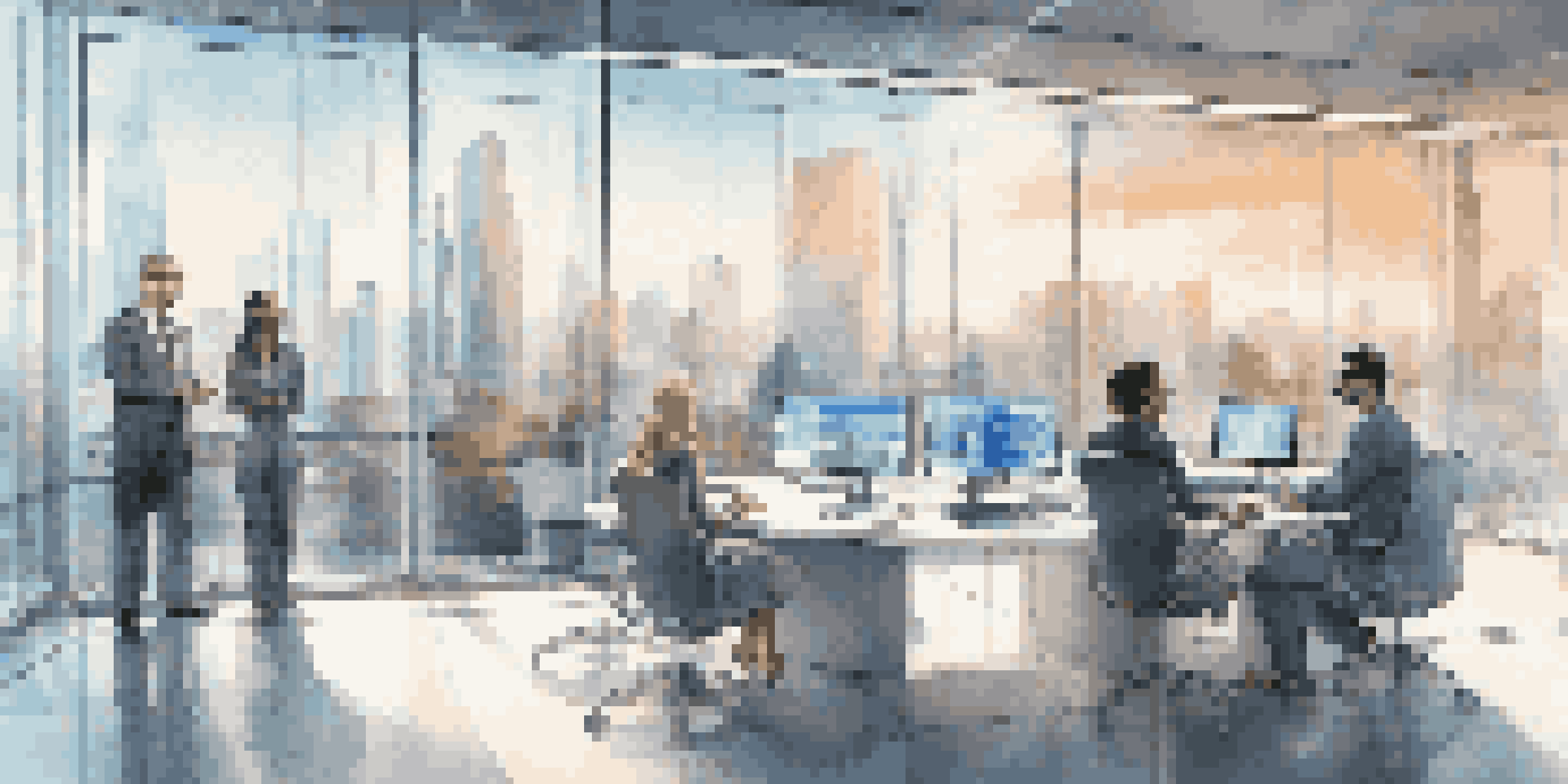 A modern financial office with professionals discussing data analytics and neural networks, surrounded by large windows and city views.