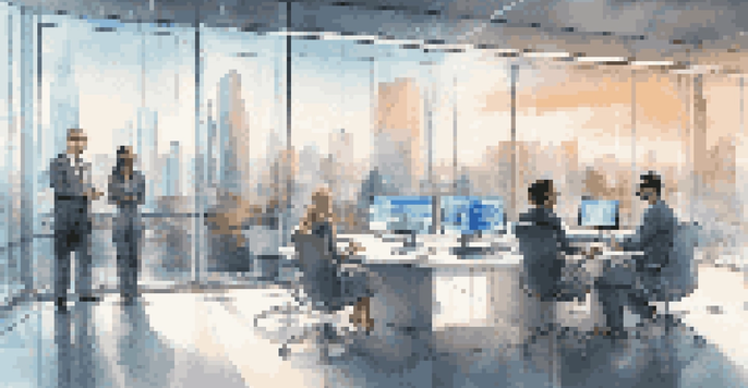 A modern financial office with professionals discussing data analytics and neural networks, surrounded by large windows and city views.