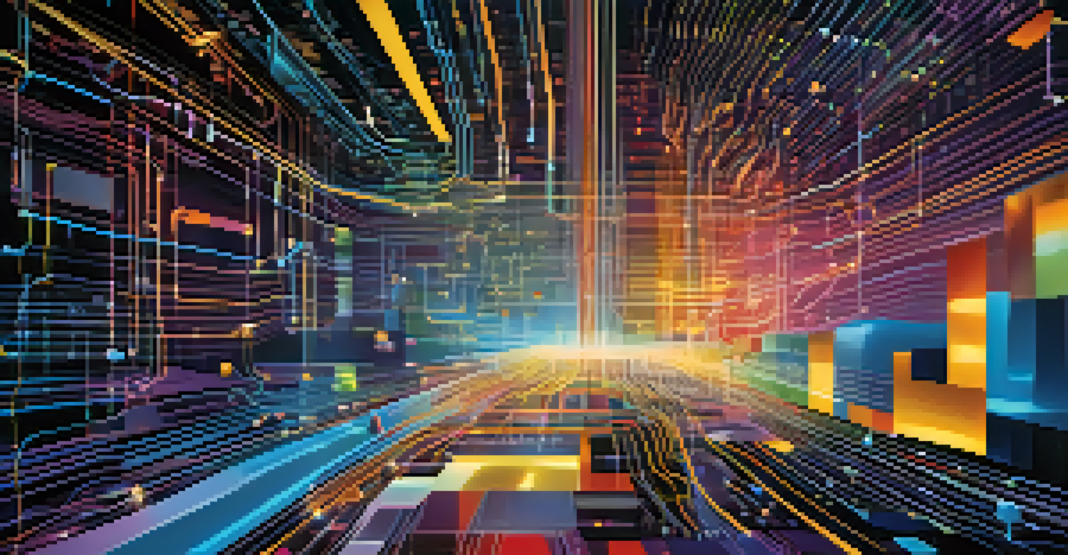 An abstract digital landscape with colorful data streams and circuit patterns representing AI processing data.