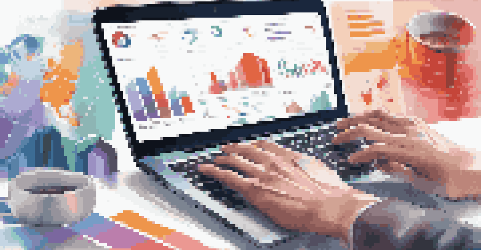 Close-up of hands typing on a laptop with colorful data visualizations on the screen, surrounded by charts and a coffee cup.