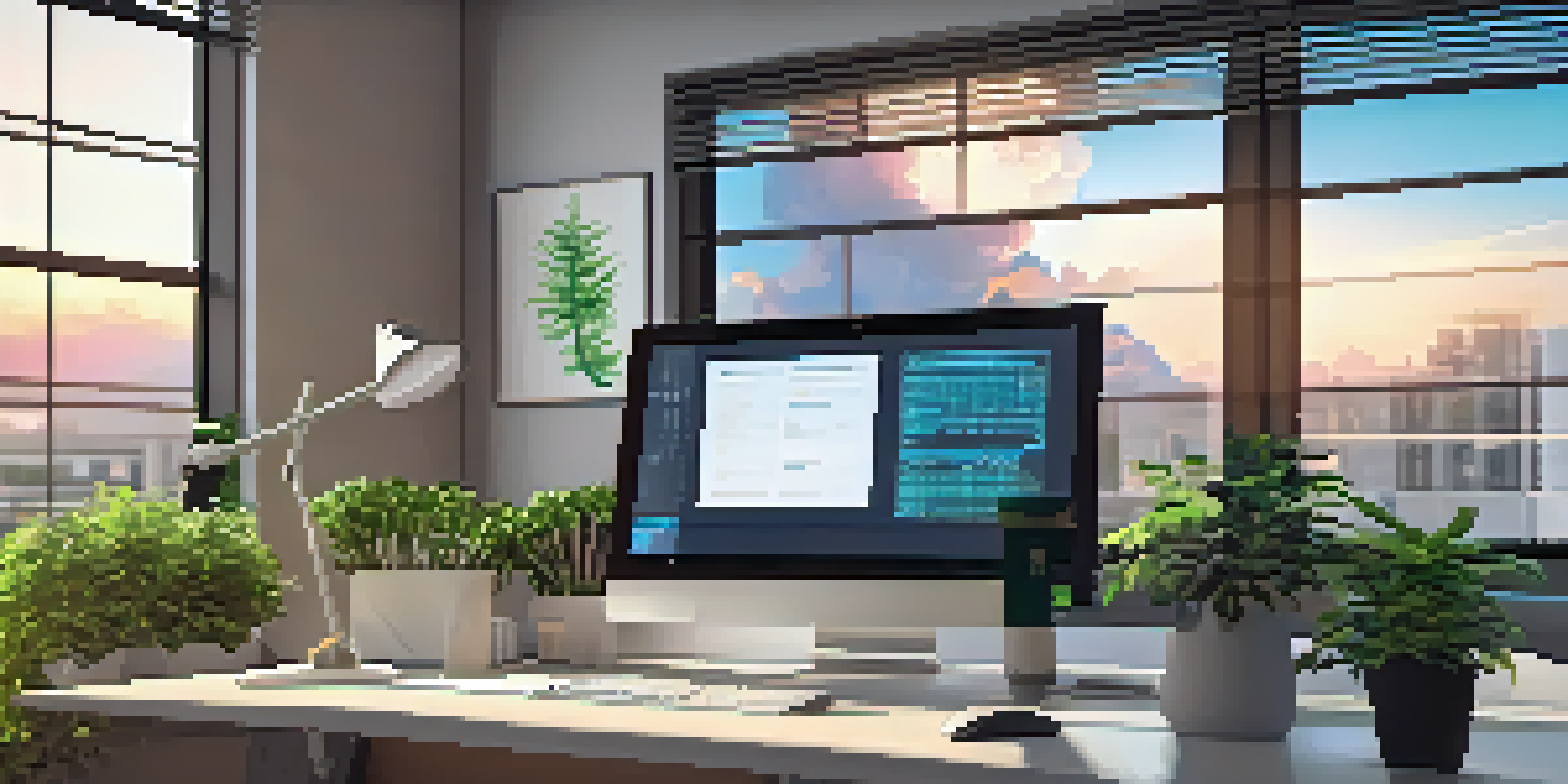 A bright and inviting office space with a computer displaying cloud backup software and a modern desk setup.