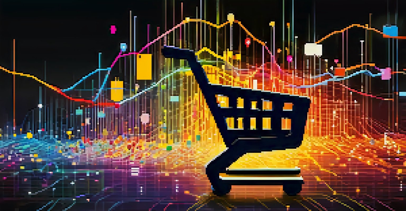 An abstract visualization of big data in e-commerce with colorful data streams and graphs surrounding a digital shopping cart.