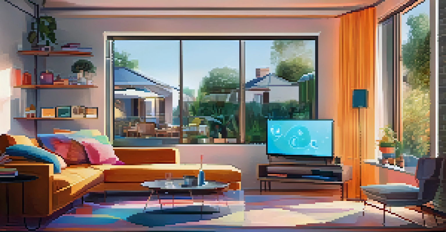 A modern living room displaying various interconnected IoT devices, illustrating a smart home setup.