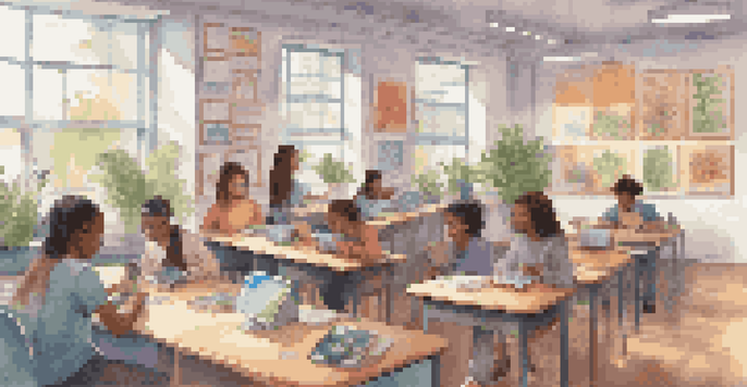 A modern classroom with diverse students interacting with a chatbot on tablets, surrounded by bright decor and natural light.
