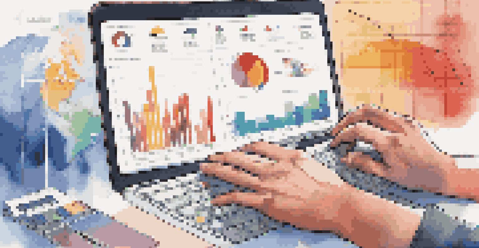 Close-up of multicultural hands typing on a laptop with colorful data charts projected on the wall, symbolizing teamwork.