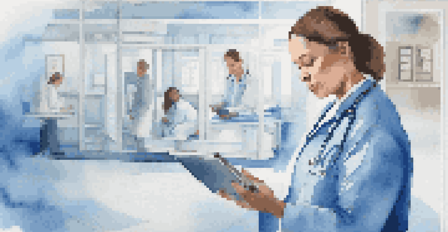 A healthcare professional using a tablet to access patient records in a serene hospital environment.